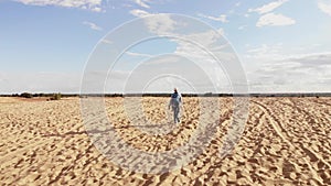 Woman at badland. Deforestation disaster, change climate global warming