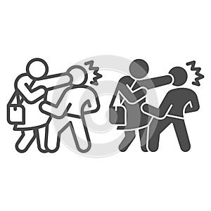 Woman with bag defending herself from bandit line and solid icon, self defense concept, girl beats man in head sign on