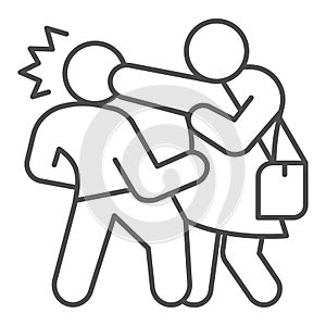 Woman with bag defending herself from bandit thin line icon, self defense concept, girl beats man in head sign on white