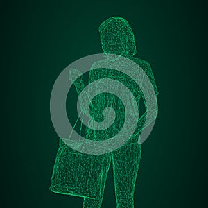 A woman with a bag on her bent hand. Vector illustration of a green luminous triangular grid on a black-and-green background.