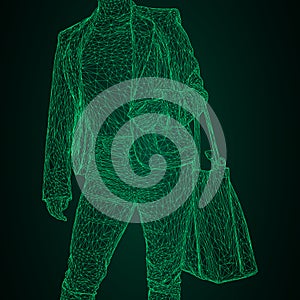 A woman with a bag on her bent hand. Vector illustration of a green luminous triangular grid on a black-and-green background.