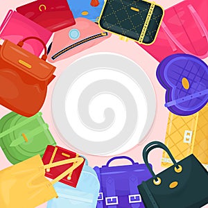Woman bag round concept icon isolated on white, flat vector illustration. Female different handle reticule, travel and photo