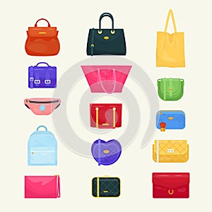 Woman bag vector girls handbag or purse and shopping-bag or baggy package from fashion store illustration set of