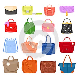Woman bag vector girls handbag or purse and shopping-bag or clutch from fashion store illustration baggy set of shoppers