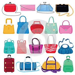 Woman bag vector girls handbag or purse and shopping-bag or clutch from fashion store illustration baggy set of shoppers