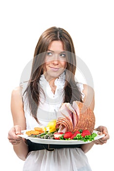 Woman with baked sliced ham