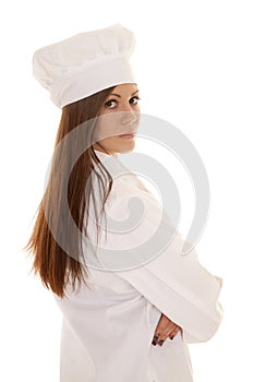 Woman baker arms folded look over shoulder