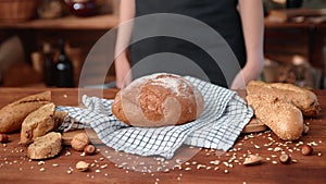 Woman baker in black apron putting fresh baked loaf on table of small home bakery, closeup view