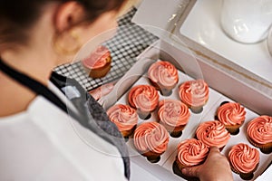 Woman, baker and cupcake in kitchen working, startup and business with employee for treat or dessert with packaging