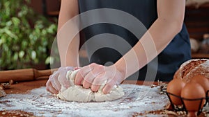 Woman baker kneading dough in kitchen of country house, closeup view, organic farm in eco region