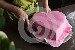 Woman in bakery decorating heart shaped wedding cake with pink fondant, view from above