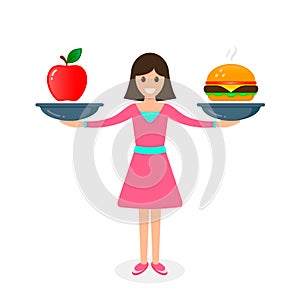 Woman balances Fast food and apple healthy food on scales. Loss weight Diet nutrition  fitness and health concept. vector