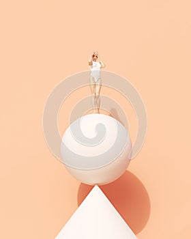 Woman balancing sphere cone balance peach wall background warm summer sunlight