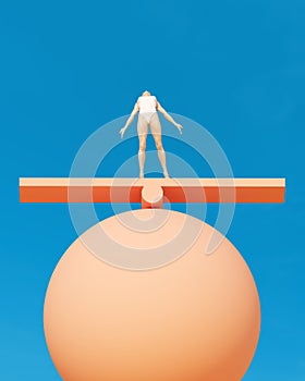 Woman balancing sphere cylinder rectangle plank balance blue sky warm summer sunlight