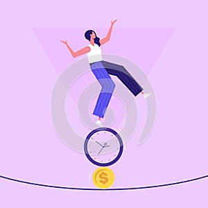 Woman balancing between time and money,  balance concept