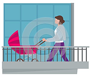 Woman on balcony with perambulator with kid vector