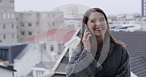 Woman, balcony and speaking on smartphone or happy at home, technology and communication. Female person, laugh and phone