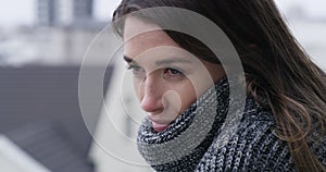 Woman, balcony and thinking in outdoor, city and relaxing or resting on rooftop at home. Female person, peace and calm