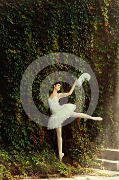 Woman ballerina in a white dress elegantly dances. photo