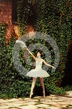 Woman ballet dancer in a white dress is dancing in the nature.