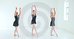 Woman ballet group, training and performance to prepare, dancing and practice routine in studio. Female ballerina, girls
