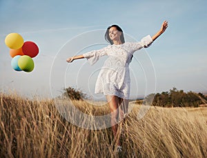 woman balloon girl outdoor fun happy lifestyle running happiness nature summer vitality healthy carefree