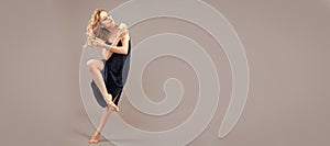 Woman  banner with copy space. sensual woman dancing barefoot. modern ballet dance. contemporary dancer