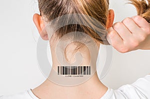Woman with barcode on her neck - genetic clone concept