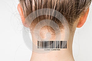 Woman with barcode on her neck - genetic clone concept photo