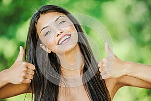 Woman with bare shoulders happily