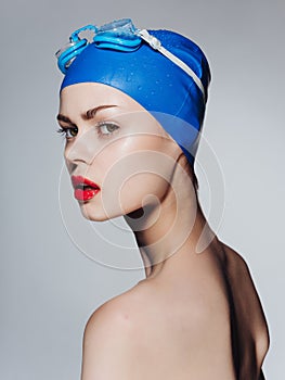 woman with bare shoulders swimming cap athlete workout sport