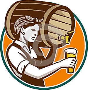 Woman Bartender Pouring Keg Barrel Beer Retro photo