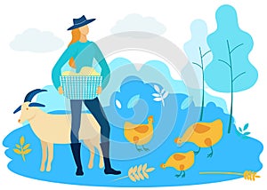 Woman with Basket in Hand Stands near Pets. Vector