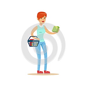 Woman With Basket Shopping In Department Store ,Cartoon Character Buying Things In The Shop