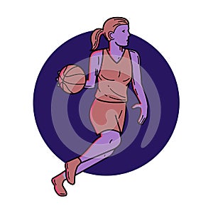 Woman Basketball Player Dribbling Mono Line Art