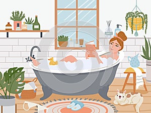 Woman in bath. Relaxed girl in bathtub with foam bubbles read in bathroom interior with plants. Self care and hygiene