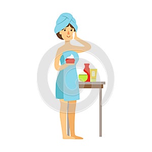 Woman in bath towel is applying cream on her face and beauty and holding cream in her hand. Colorful cartoon character