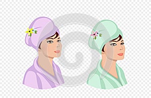 Woman in bath turban on head apply spa procedure