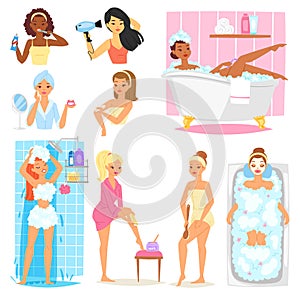 Woman bathing in bathroom vector beautiful girl character in bathrobe cleaning teeth and washing in bath illustration