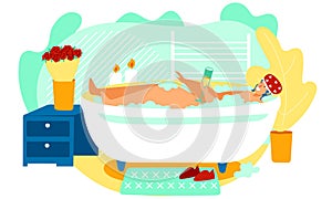 Woman bathing in romantic atmosphere, relax at home, vector illustration