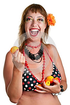 Woman in bathing suit with apricots
