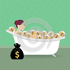 Woman in bathtub with dollar coins