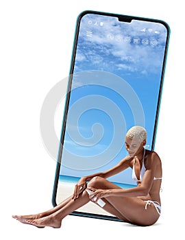 woman on the beach applying sunscreen lotion to legs skin for care and sun protection. Isolated against screen of smartphone in