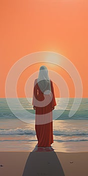 Muslim Woman Walking On Beach At Sunset: Hyperrealist Art Inspired By Traditional Oceanic Art