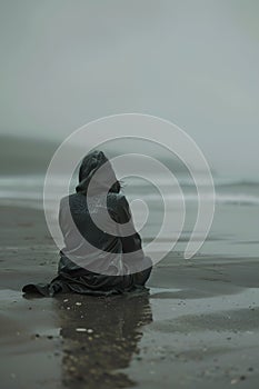 woman on the beach in a gloomy day, generative AI