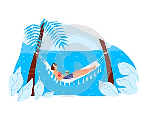 Woman at beach hammock, girl at summer holiday vacation, vector illustration. Cartoon person relax at tropical nature