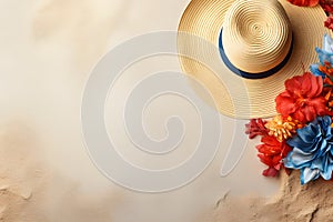 Woman beach hat and sea shells on sand background, summer vacation, travel concept.