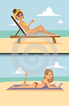 Woman on beach outdoors, summer lifestyle sunlight fun vacation happy time cartoon characters vector illustration.