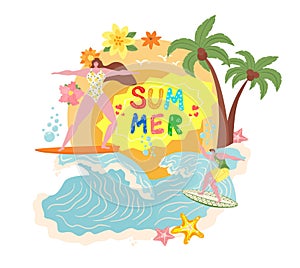 Woman at beach paradise, summer sea vacation vector illustration. Girl at ocean holiday, surfer people surfing on flat