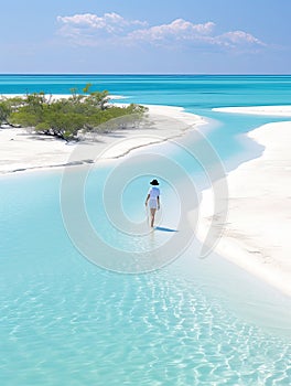 woman beach sand paradise ocean sea back drone top view waves silence serenity zen tranquility